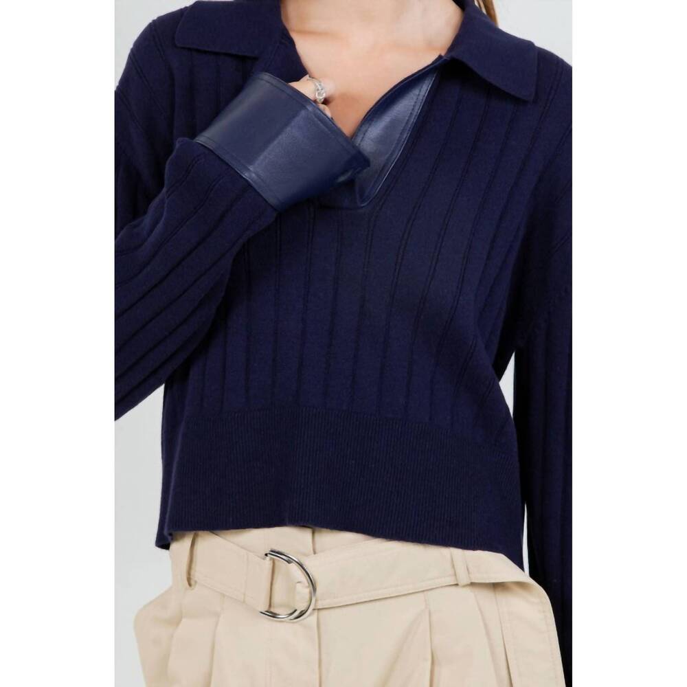NEW WHITEROOM+CACTUS faux leather knitted long sleeve sweater in navy - Picture 5 of 5